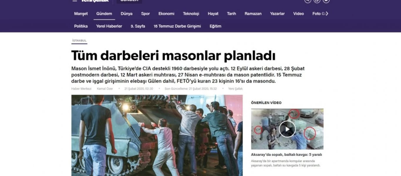 Yeni Safak: «Οι μασόνοι σχεδίασαν όλα τα χτυπήματα» (φώτο)